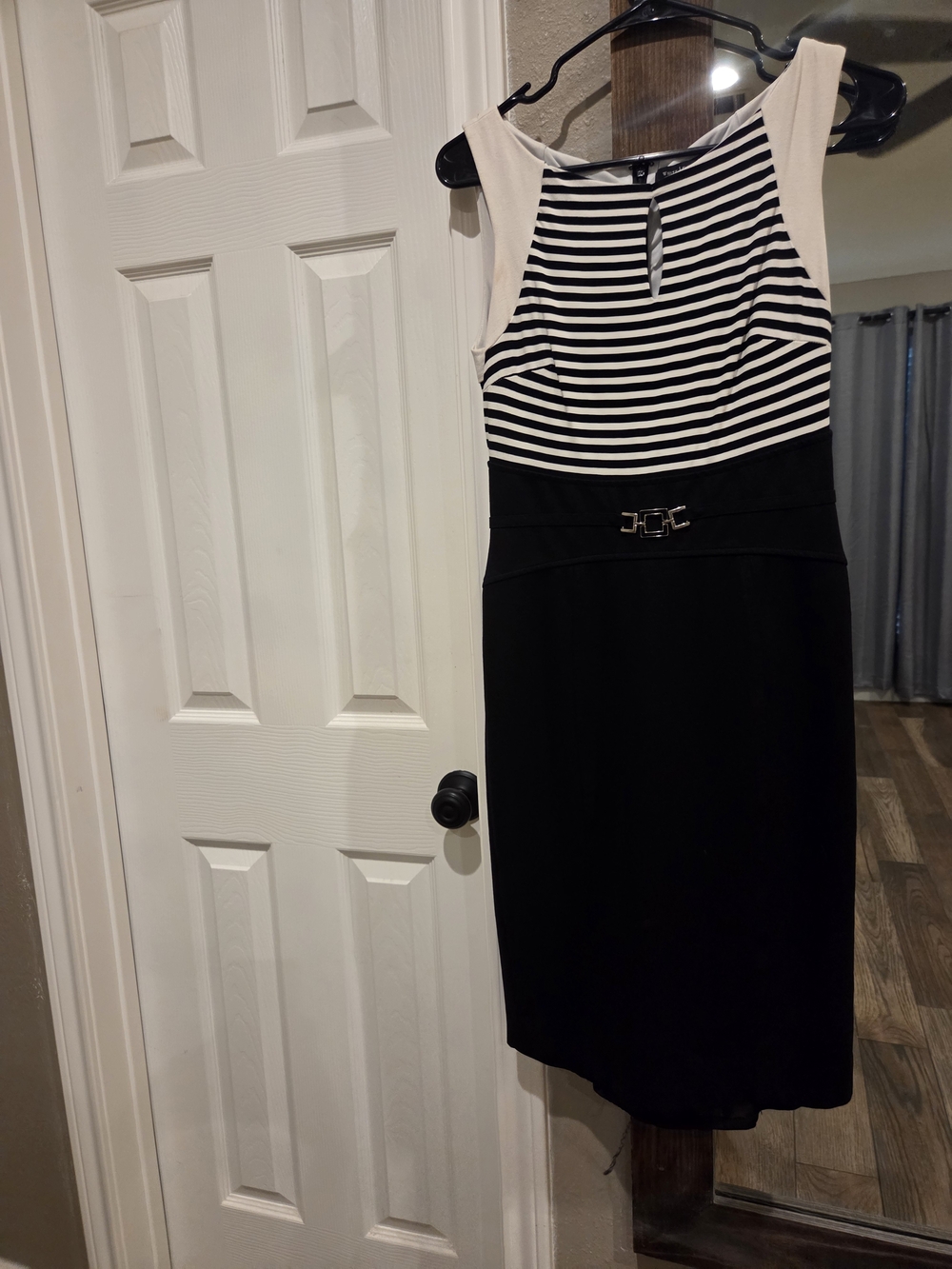 White House Black Market Black, White & Cream Striped Midi Sheath Dress